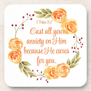 Posavasos 1 Peter 5:7 Escritura de Biblia Floral Naranja