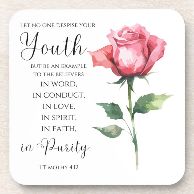 Posavasos 1 Timothy 4:12 - La Biblia Juvenil versus la Flor (Frente)