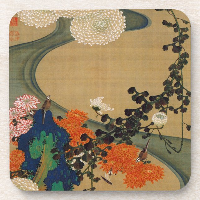 Posavasos 29. 菊 花 流 水 図, 若 Chrysanthemum & Stream, Jakuchū (Frente)