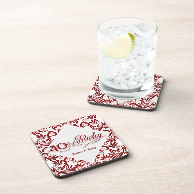 Posavasos 40.º Aniversario de Ruby Swirls Personalizados (Lado Derecho)