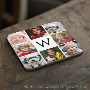 Posavasos 8 Colaje de Fotos Monograma Personalizado Negro y