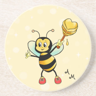 Posavasos Abeja Melífera y Monograma Adorables en Amarillo C