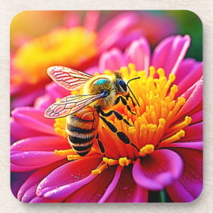Posavasos Abeja vibrante en diseño de florecimiento