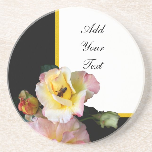 Posavasos Abejas con flores de rosas amarillas rosas (Frente)