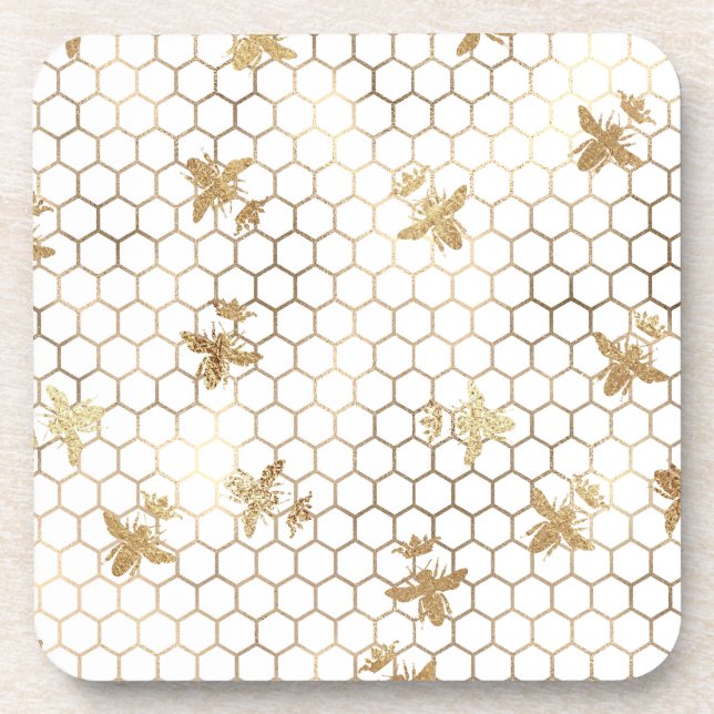 Posavasos Abejas reina de oro y panecillos sobre blanco (Frente)