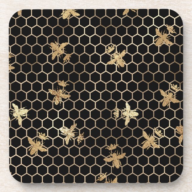 Posavasos Abejas reina de oro y panecillos sobre negro (Frente)