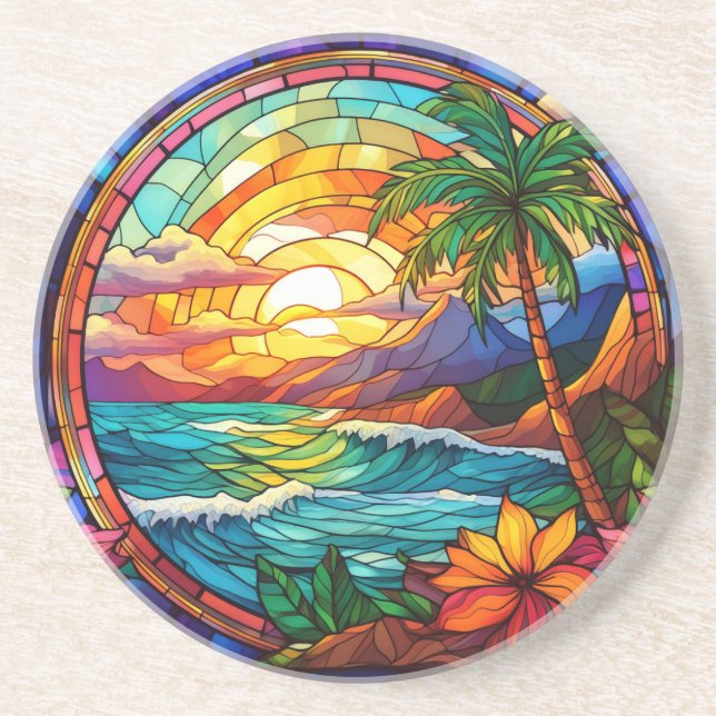 Posavasos acantilados tropicales arte de cristal manchado (Frente)