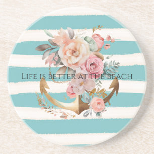 Posavasos Acuarela Aqua Beach Stripes Ancla Floral