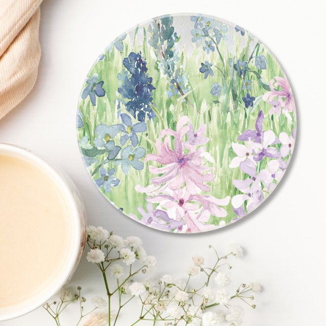 Posavasos Acuarela Azul Púrpura Flor pradera en montaña (In situ on table)