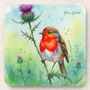 Posavasos Acuarela Botánica de Pájaro Petirrojo y Flor de Ca