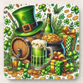 Posavasos Acuarela Cerveza, Monedas y Trébol de San Patricio