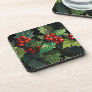 Posavasos Acuarela de Navidad hojas de bayas de acebo botáni