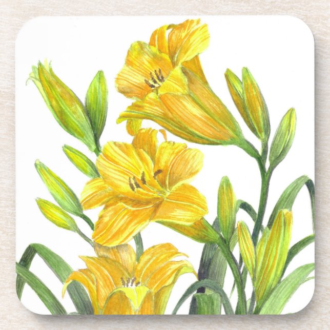 Posavasos Acuarela Día Amarillo Lilies Arte Floral (Frente)