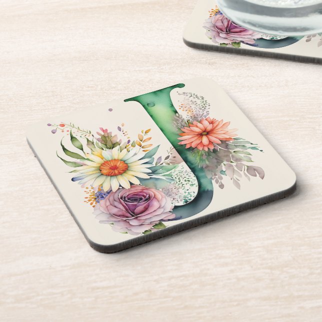 Posavasos Acuarela Floral Pastel Monograma Flores Daisy (Lado Izquierdo)