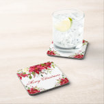 Posavasos Acuarela Poinsettia Floral Feliz Navidad<br><div class="desc">Elegante acuarela Poinsettia Floral Merry Navidad Red Script Coaster</div>