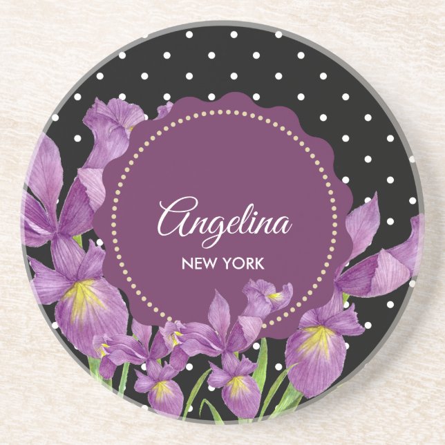 Posavasos Acuarela Púrpura Iris Puntos de Polka Botánico (Frente)