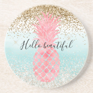 Posavasos Acuarela rosa Tropical Piña Aqua Ombre oro