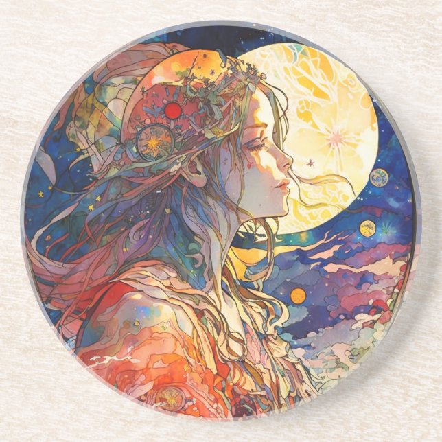 Posavasos Acuarela vibrante de Chica y luna (Frente)