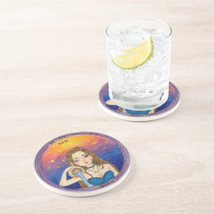 Posavasos Acuario Astrología Chica en Cielo Estrellado Azul