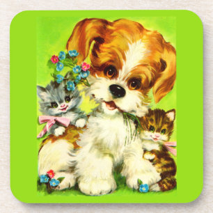 Posavasos adorable cachorro y gatitos sonrientes