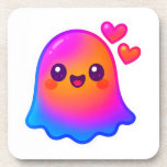Posavasos Adorable Neon Kawaii Ghost with Gradient Glow and<br><div class="desc">This charming square-format illustration features a super-cute Kawaii-style ghost with large sparkling eyes and a joyful smile, floating playfully against a soft light gray background. The ghost is outlined with a bold white sticker-style border that enhances its shape and makes it pop. Vivid gradient hues of electric pink, bright turquoise,...</div>