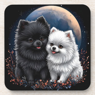 Posavasos Adorables cachorros de Pomerania negros y blancos