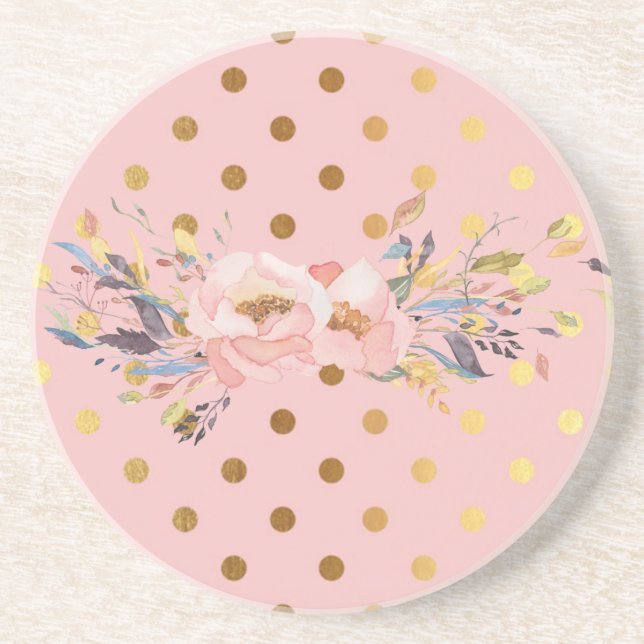 Posavasos Adorables flores de lunares dorados falsos (Frente)
