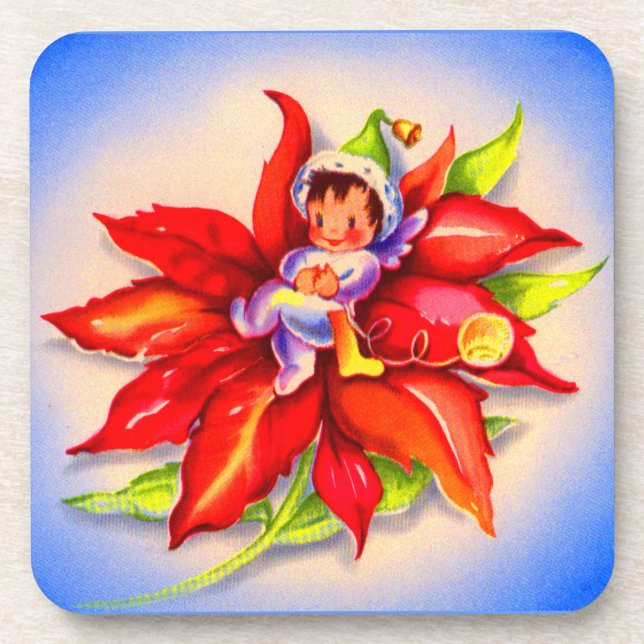 Posavasos adorables Navidades elf en una poinsettia (Frente)