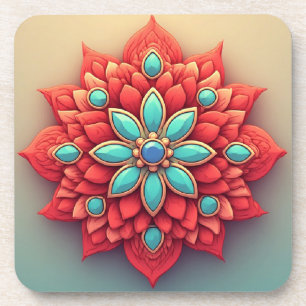 Posavasos Adorno Mandala Floral Rojo y Turquesa Decorativo