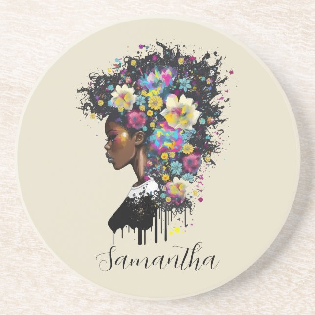 Posavasos Afroamericana con flores (Frente)