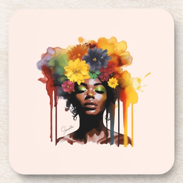 Posavasos Afroamericana con pelo floral afro (Frente)
