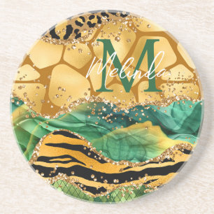 Posavasos Agata de Impresión de Animal Safari Dorado y Verde