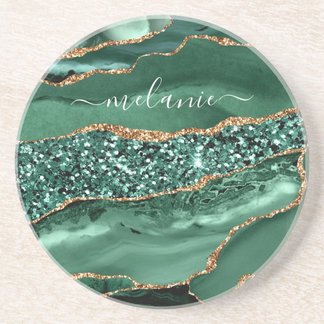 Posavasos Agate Green Gold Purpurina Marble Coaster Your Nam (Frente)