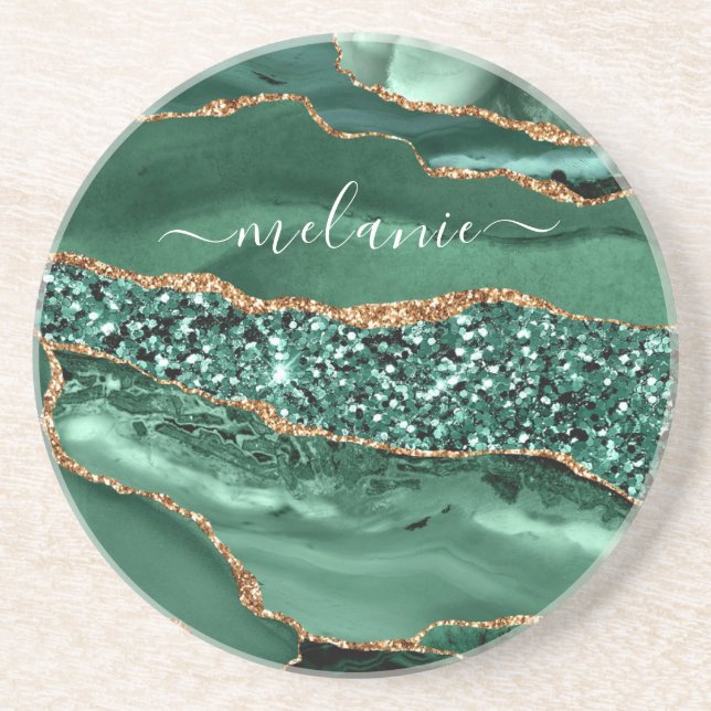 Posavasos Agate Green Gold Purpurina Marble Coaster Your Nam (Frente)