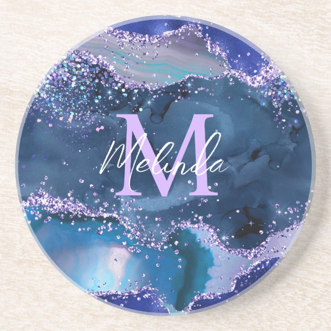 Posavasos Agato oceánico azul oscuro y morado Purpurina (Frente)