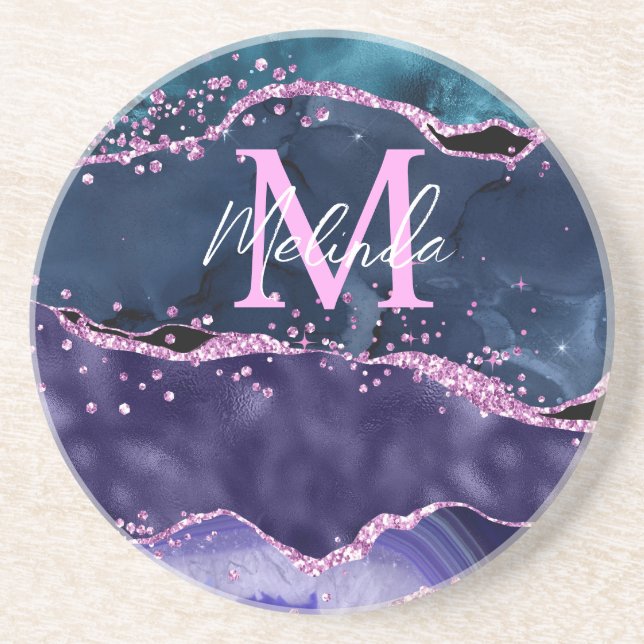 Posavasos Agato oceánico Purpurina azul y morado de la marin (Frente)