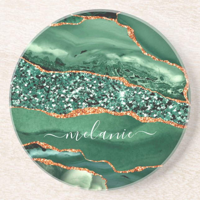 Posavasos Agitar Green Gold Sparkle Marble Coaster Tu Nombre (Frente)