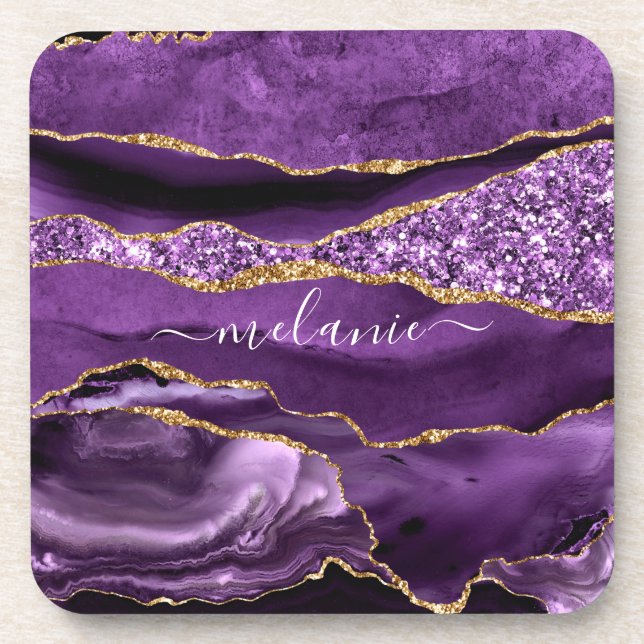 Posavasos Agple violeta púrpura Purpurina de oro Geode Nombr (Frente)