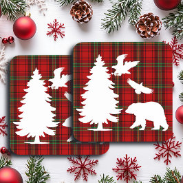 Posavasos Águila del oso pino sobre el tartán negro rojo