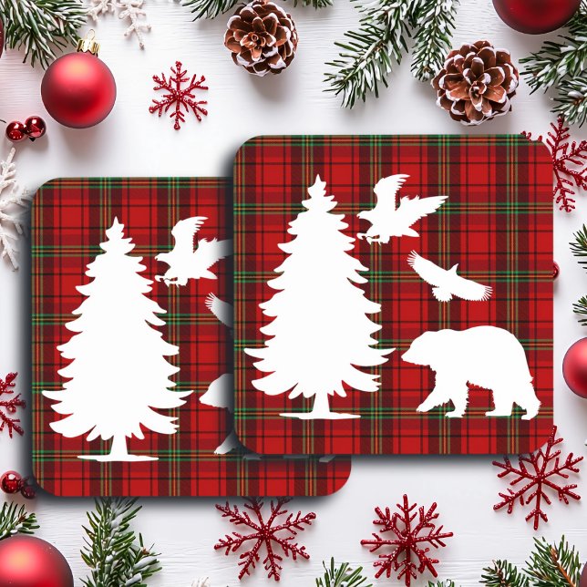 Posavasos Águila del oso pino sobre el tartán negro rojo (Subido por el creador)