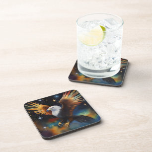 Posavasos Águila voladora de arte cósmico colorido,