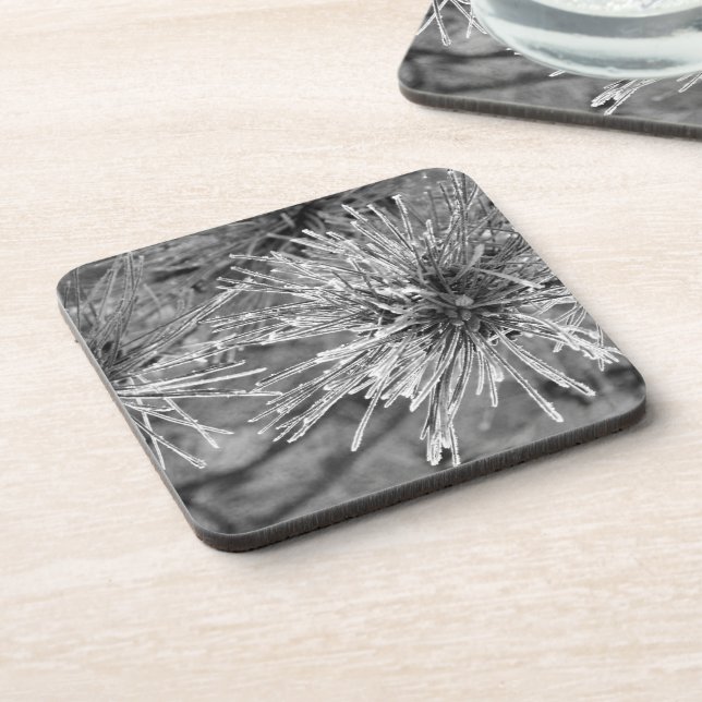 Posavasos Agujas de pino cubiertas con escarcha en blanco y  (Lado Izquierdo)