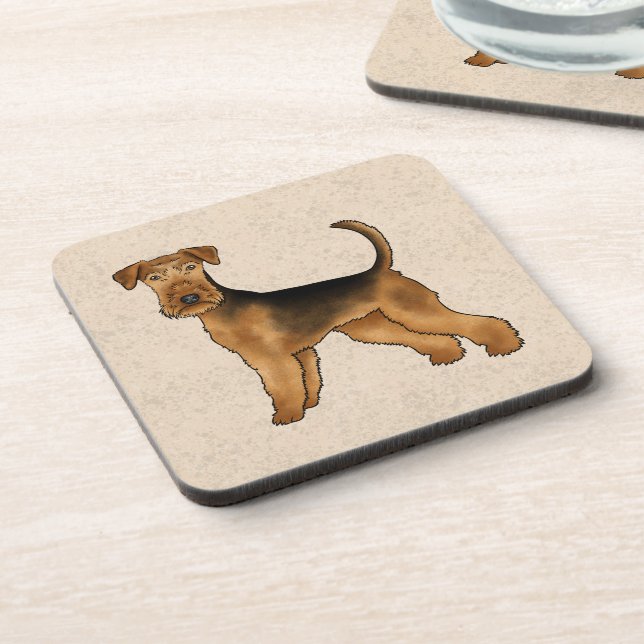 Posavasos Airedale Terrier Cute Cartog Perro En Beige (Lado Izquierdo)
