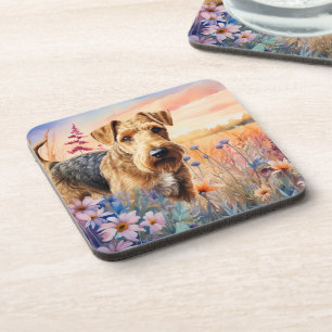 Posavasos Airedale Terrier Perro en una Pradera de Flores Si