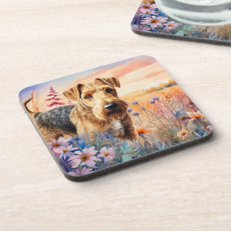 Posavasos Airedale Terrier Perro en una Pradera de Flores Si
