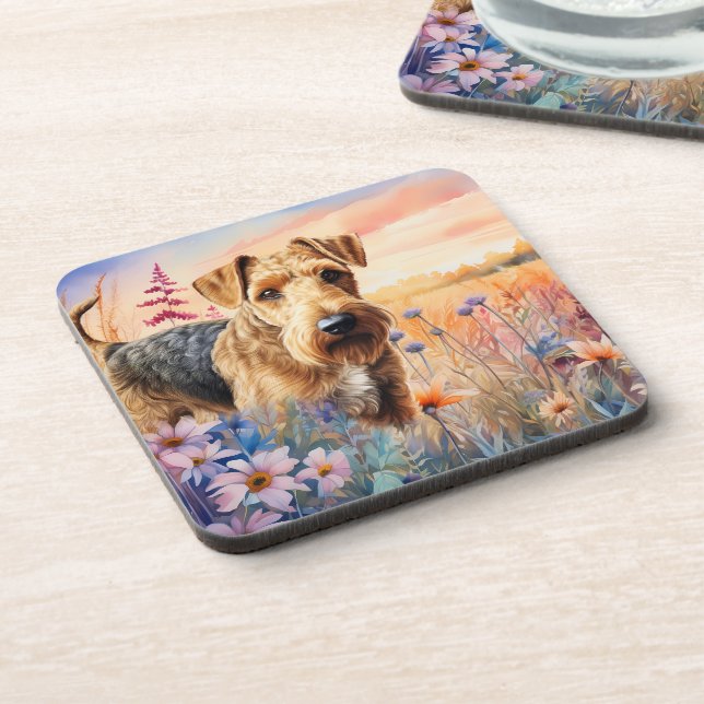 Posavasos Airedale Terrier Perro en una Pradera de Flores Si (Lado Izquierdo)