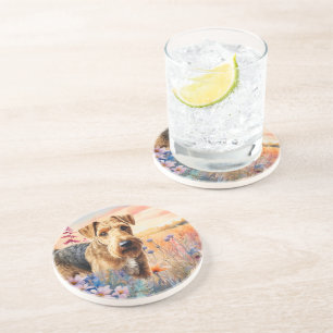 Posavasos Airedale Terrier Perro en una Pradera de Flores Si