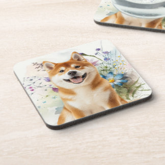 Posavasos Akita Shiba Inu Perro con Flores de Acuarela Azule