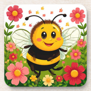 Posavasos Alegre abeja de dibujos animados rodeada de flores