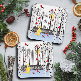 Posavasos Alegría de invierno - Gato con cardenales de Birch